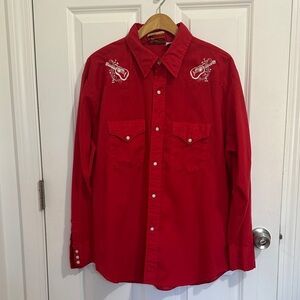 Vintage Red Long Sleeve Snap Button Down Shirt with Western Embroidery - Size XL